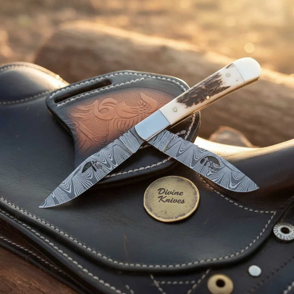 Twist Pattern Stockman folding pocket knife with white handle - Divine Knives | Relic & Reel
