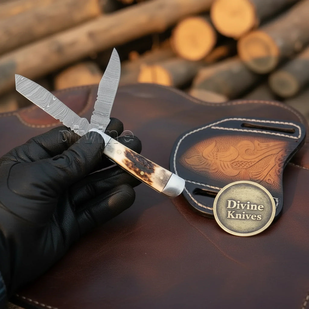 Twist Pattern Trapper Folding Knife with Damascus steel blade - Divine Knives | Relic & Reel