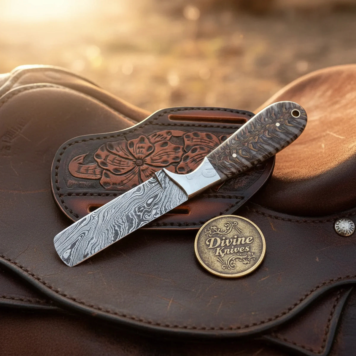 Pine Cone Resin Bull Cutter Knife with Damascus steel blade - Relic & Reel