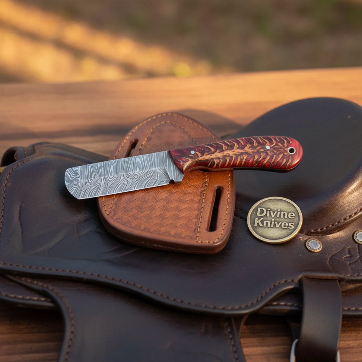 Red Pine Cone Bull Cutter Knife with Damascus steel blade | Divine Knives - Relic & Reel