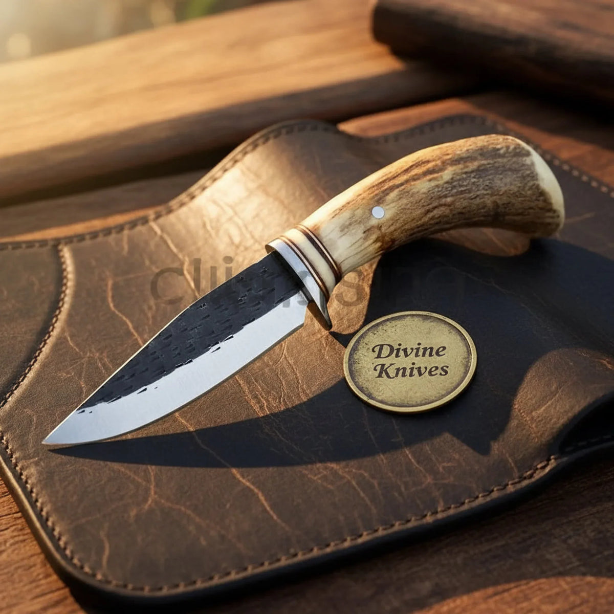 Hammered Clip Point Stag Hunter Knife with stag handle outdoor fixed blade - Relic & Reel