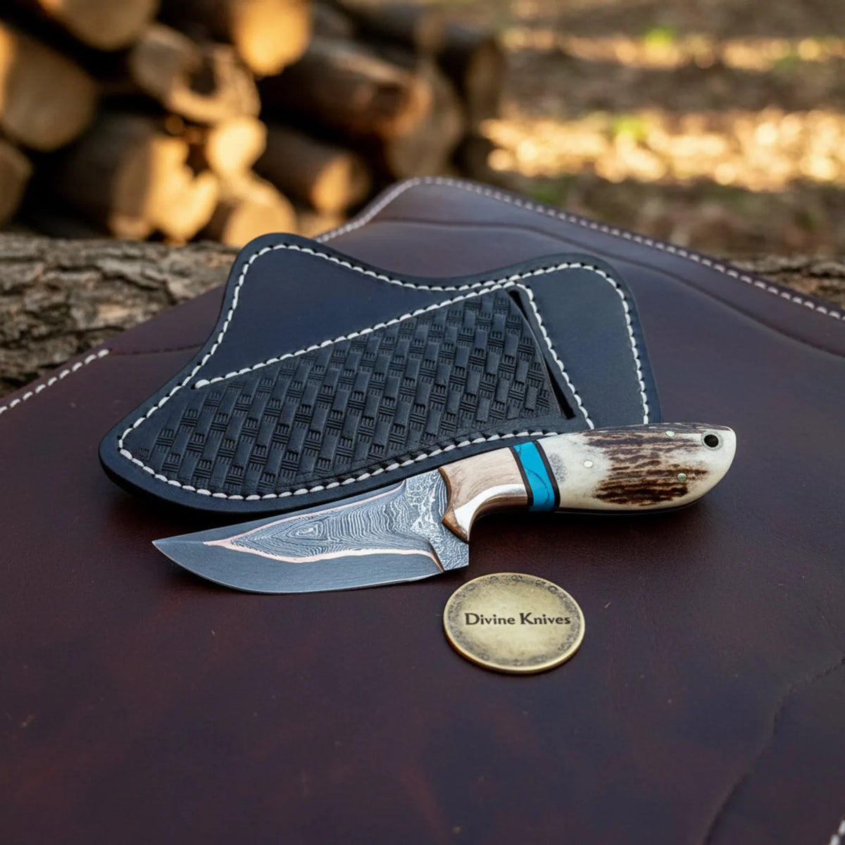 Copper-Clad Stag Skinner Knife Damascus steel outdoor fixed blade knife - Relic & Reel
