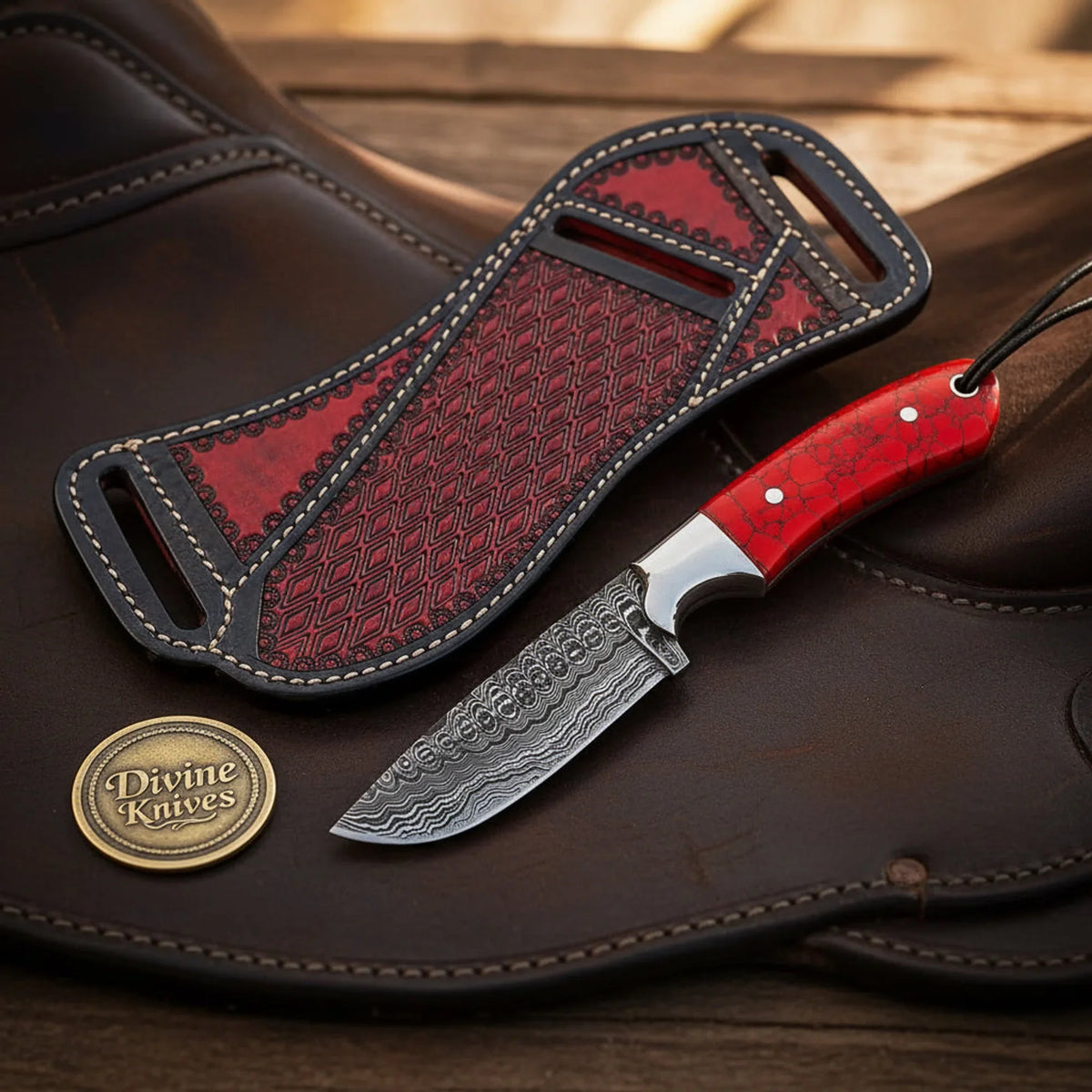 Red Coral Resin Drop Point Hunter Knife Damascus steel outdoor fixed blade - Relic & Reel