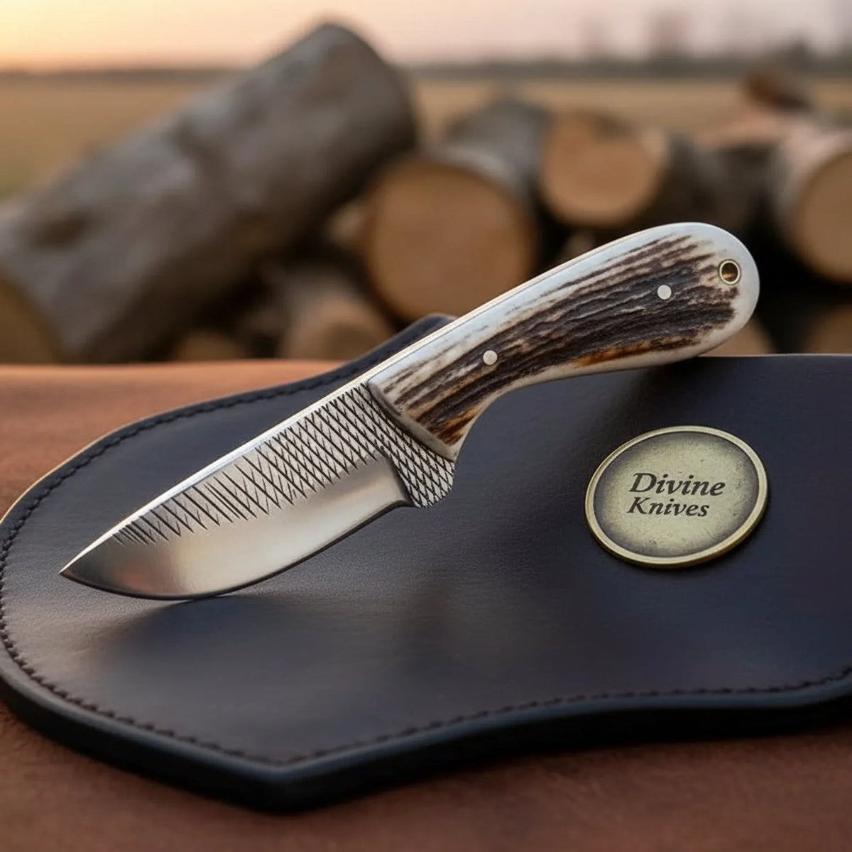 Cross-Hatch Stag Drop Point Hunter Knife - outdoor fixed blade knife | Relic & Reel