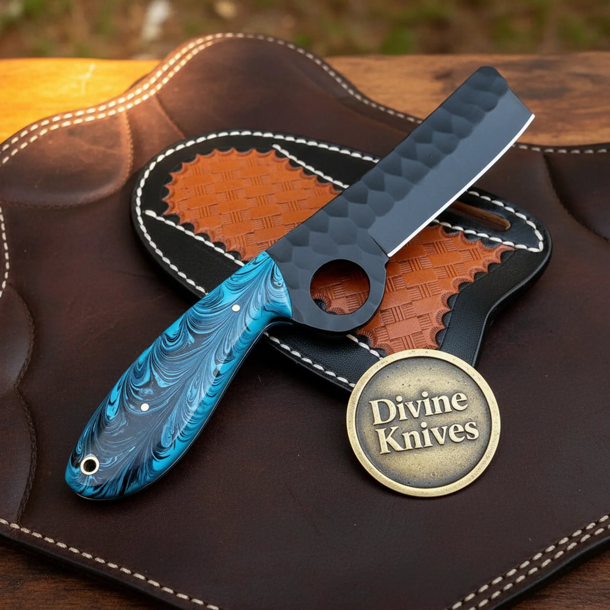 Blue resin swirl handle bull cutter knife for field work - Divine Knives | Relic & Reel