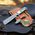 Orange Swirl Resin Bull Cutter & Skinner Set with Damascus steel blades | Divine Knives
