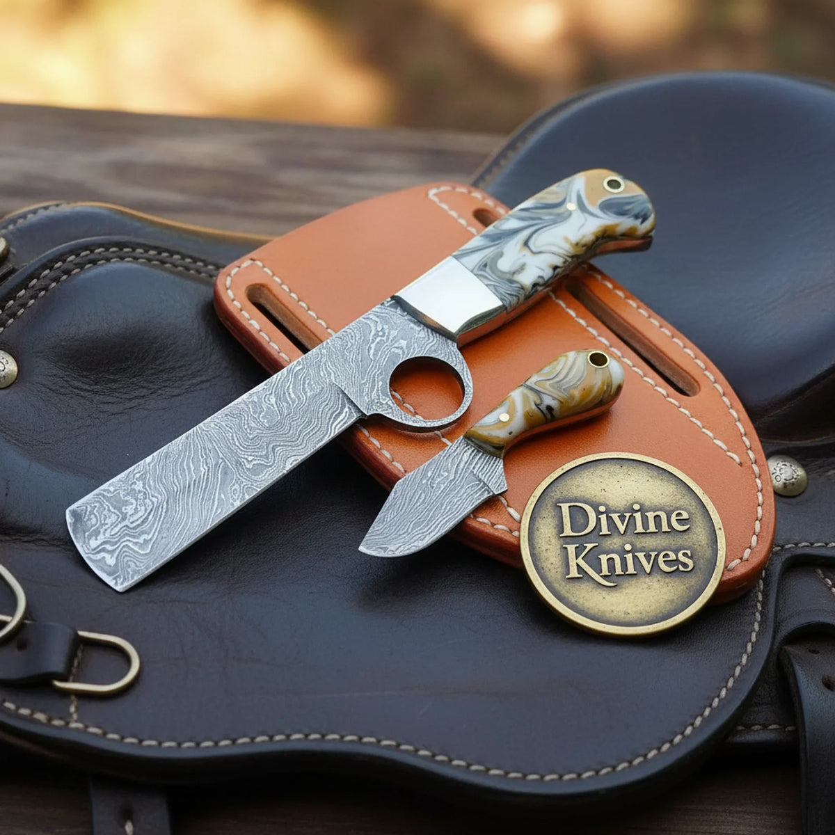 Orange Swirl Resin Bull Cutter & Skinner Set with Damascus steel blades | Divine Knives