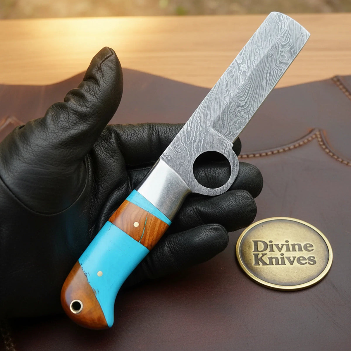 Turquoise Damascus Bull Cutter & Skinner Knife by Divine Knives - Relic & Reel