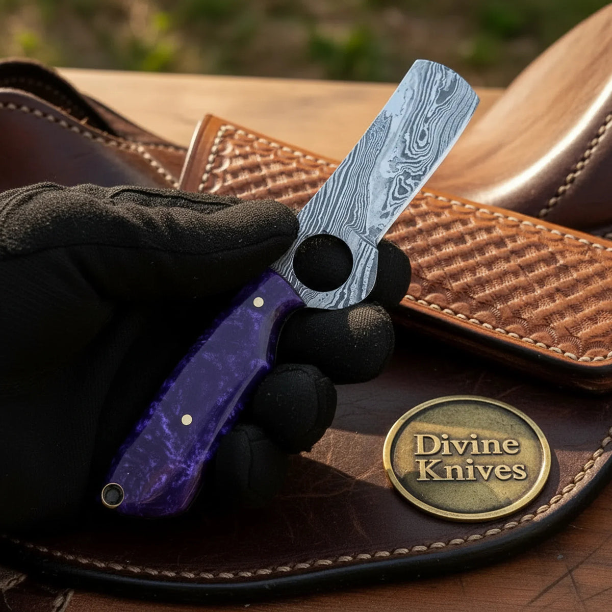 Loop Hole Purple Resin Bull Cutter & Skinner Set with Tooled Leather Sheath - Divine Knives | Relic & Reel