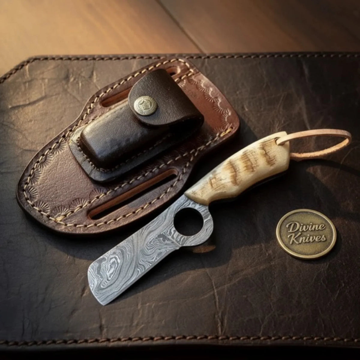 Loop Hole Ram Horn Damascus Bull Cutter with Compact Layered Blade - Divine Knives | Relic & Reel