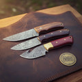 Damascus Gut Hook and Cowboy Knife Set with Wood Handles - Divine Knives
