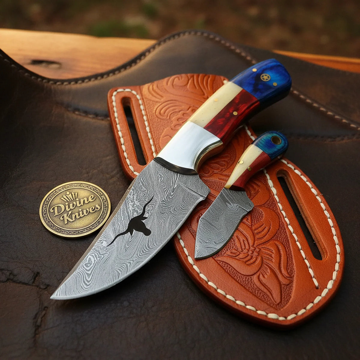 Longhorn Cutout Texas Flag Damascus Hunter & Skinner Knife Set - Outdoor Fixed Blade Knives | Relic & Reel