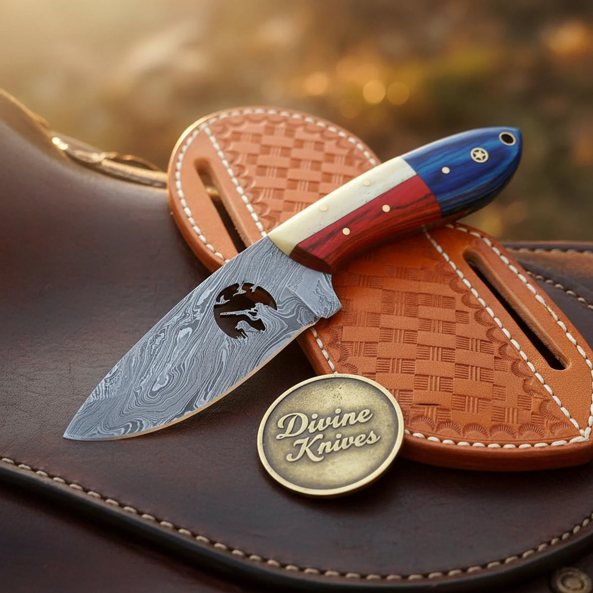 Duck Hunter Cutout Texas Flag Damascus Skinner outdoor fixed blade knife - Divine Knives