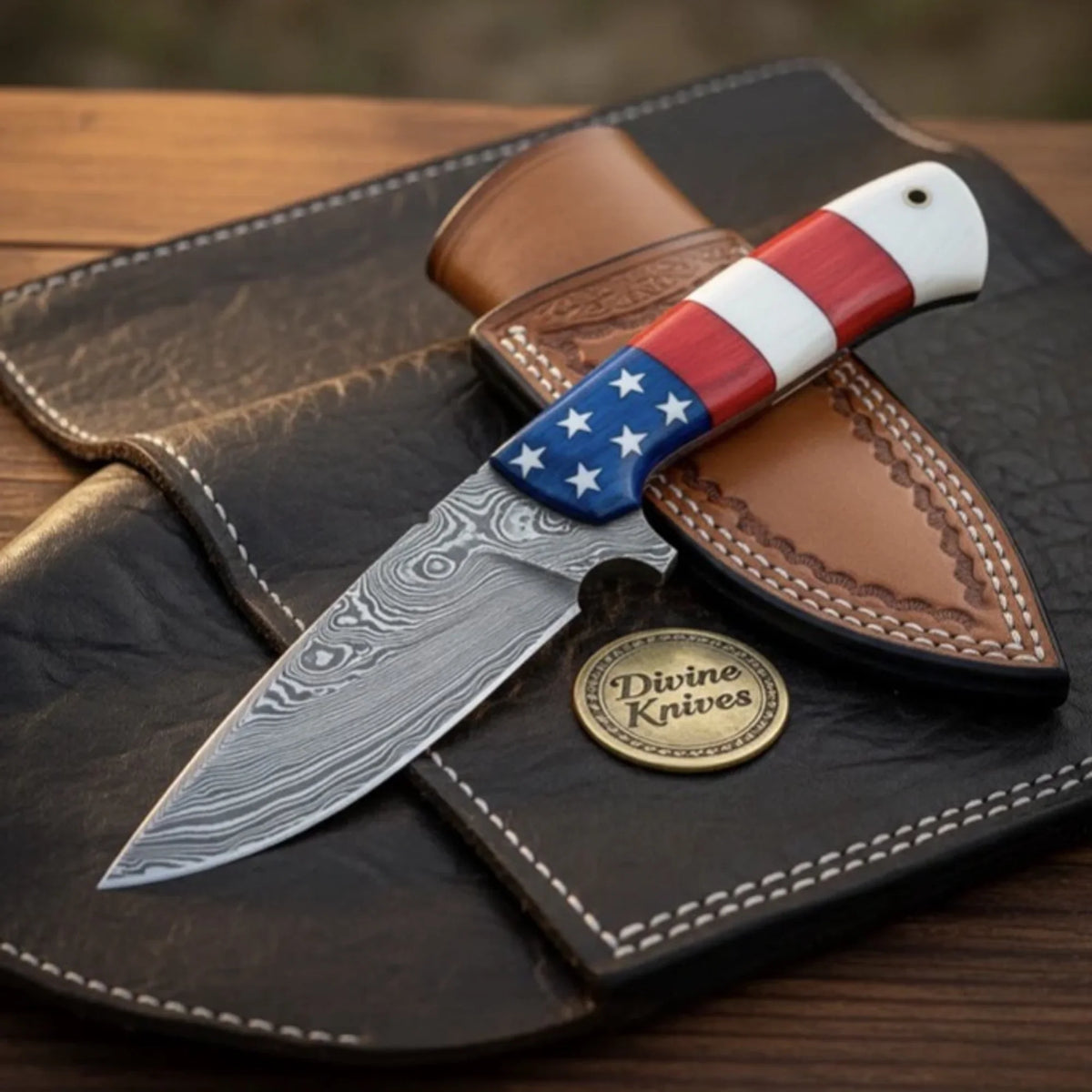 American Flag Drop Point Damascus Skinner outdoor fixed blade knife - Divine Knives