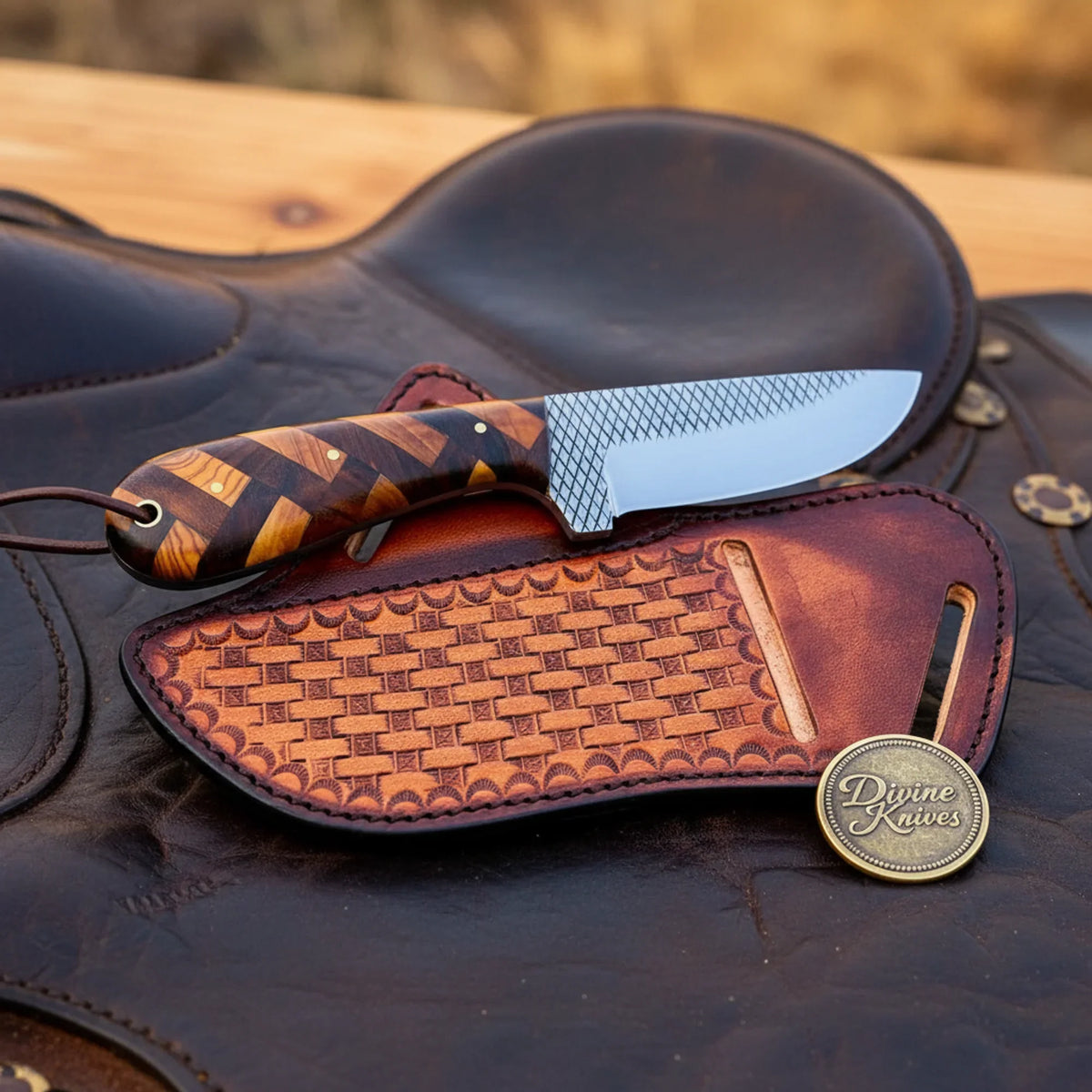 Chevron Wood Handle Rasp Skinner outdoor fixed blade knife - Relic & Reel