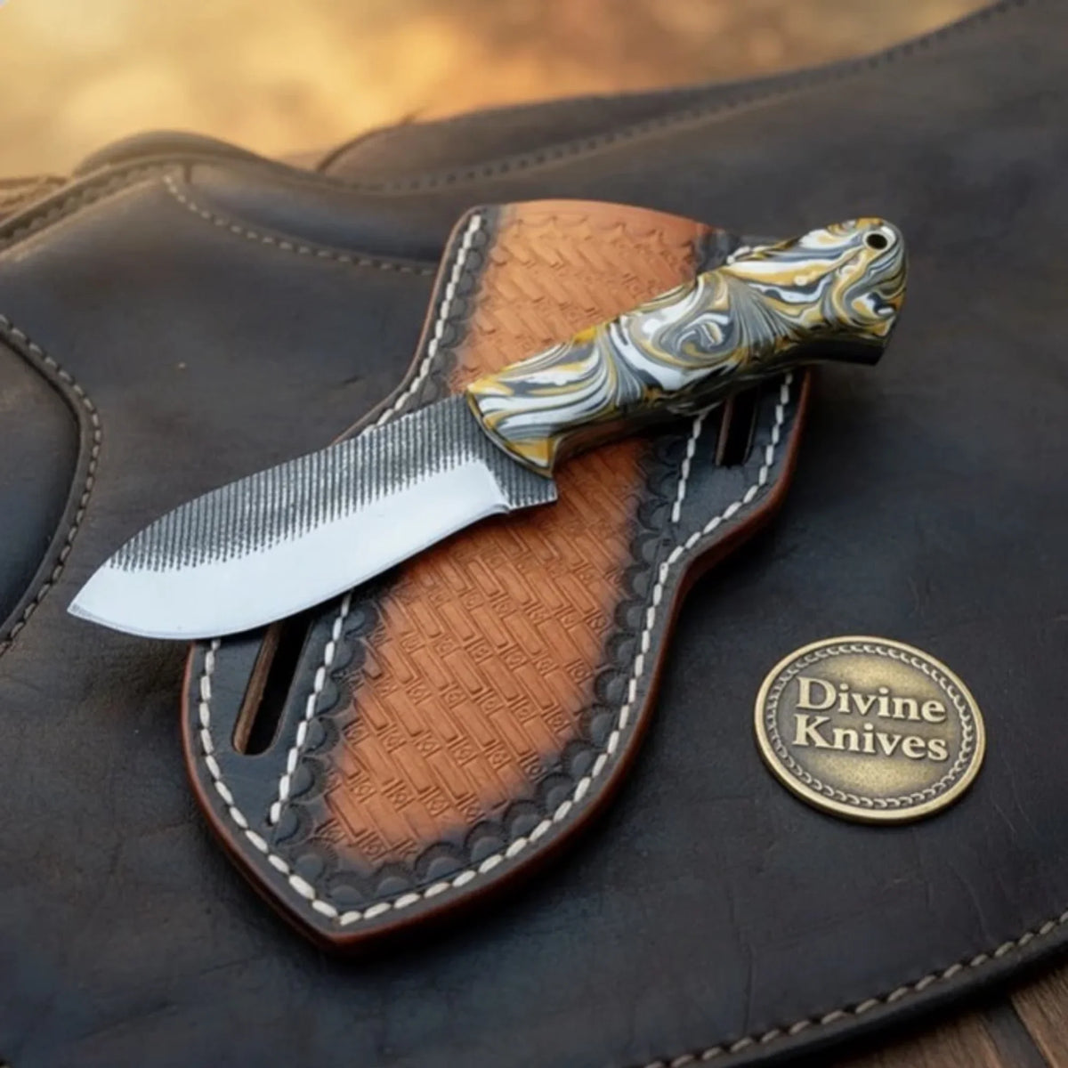 Orange Swirl Resin Rasp Skinner Knife with Tooled Leather Sheath - Outdoor Fixed Blade | Relic & Reel