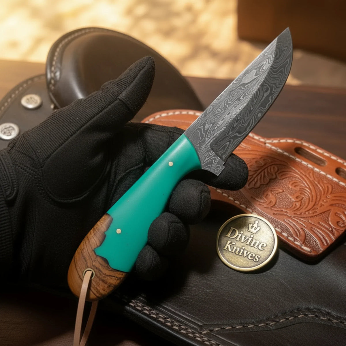 Green Turquoise Wood Drop Point Skinner - Damascus steel outdoor fixed blade knife | Relic & Reel