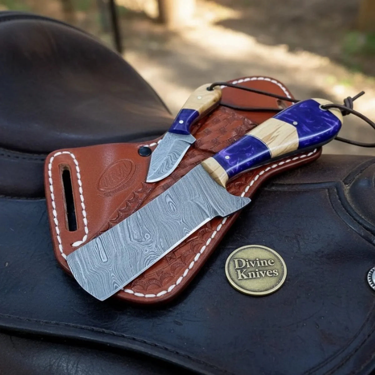Purple Resin Bull Cutter Damascus steel knife set for ranch work - Relic & Reel