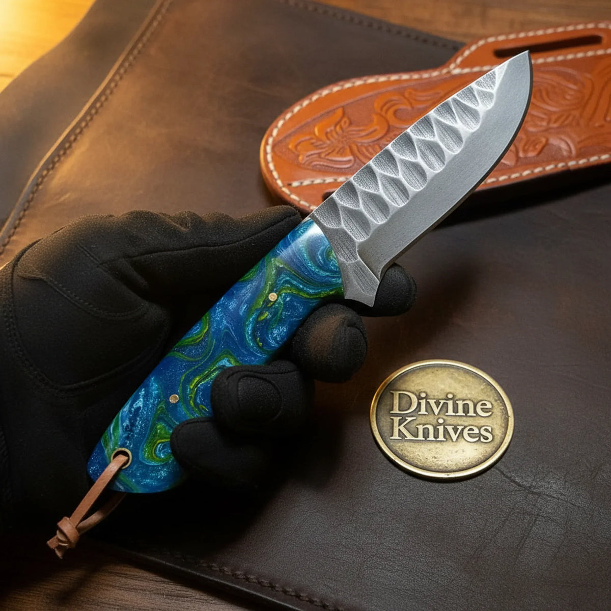 Blue-Green Marbled Damascus Skinner Knife outdoor fixed blade - Relic & Reel