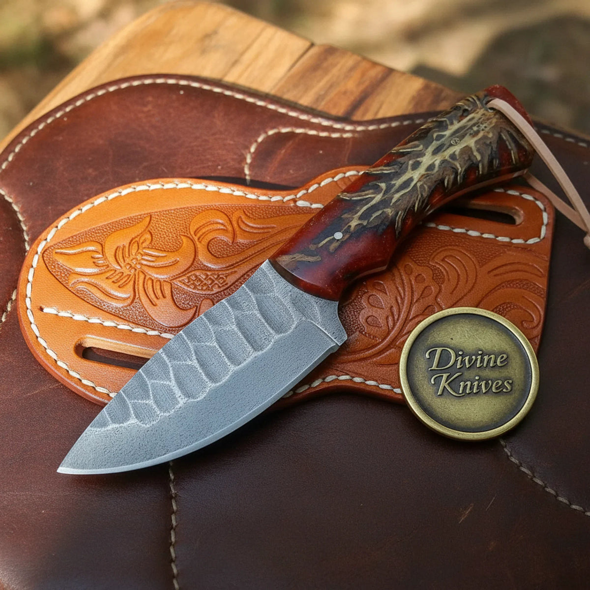 Brown Pinecone Damascus steel skinner knife outdoor fixed blade - Relic & Reel