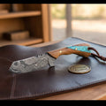 Turquoise Walnut Bull Cutter Knife with Flowing Damascus Blade