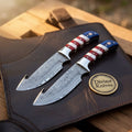 American Flag Gut Hook Hunting Knife with Damascus Blade