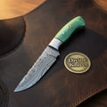Green Damascus Drop Point Hunter with Mosaic Ricasso Pattern