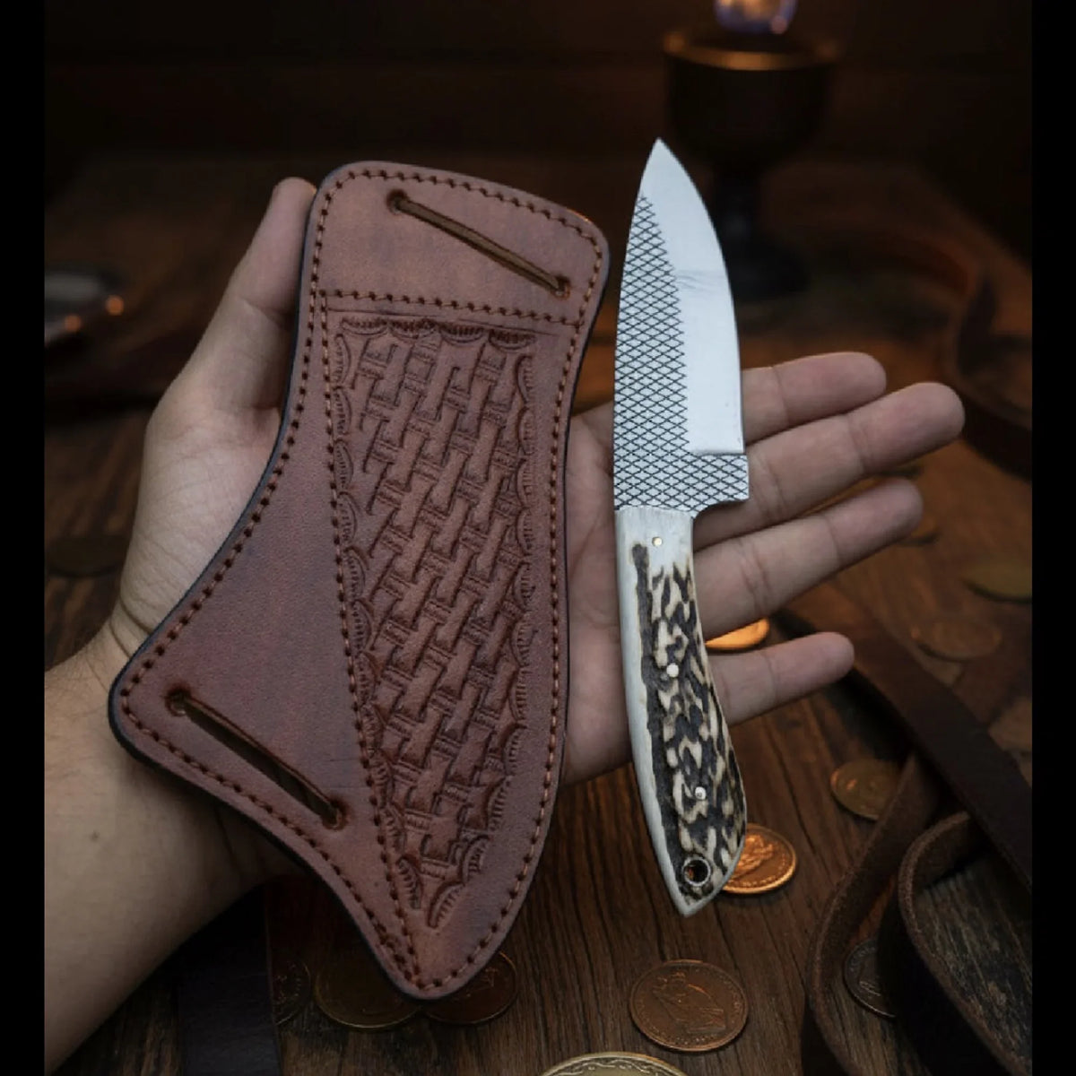 Stag Horn Rasp Skinner Knife with Included Tooled Sheath