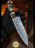 Stag Horn Cowboy Hunter Knife with Leaf Textured Spine