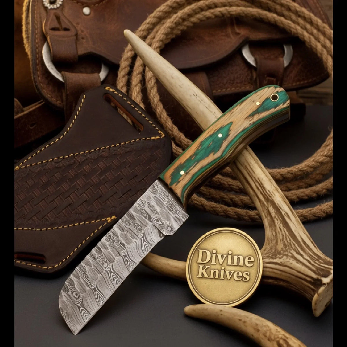 Wawona Cowboy Bull Cutter Knife with Squared Damascus Blade