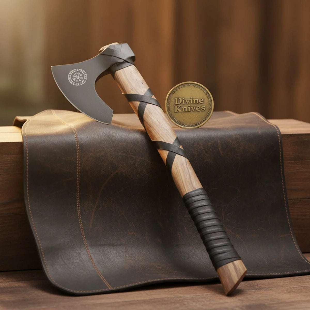 Norse Symbol Viking Axe with Leather Wrapped Wood Handle