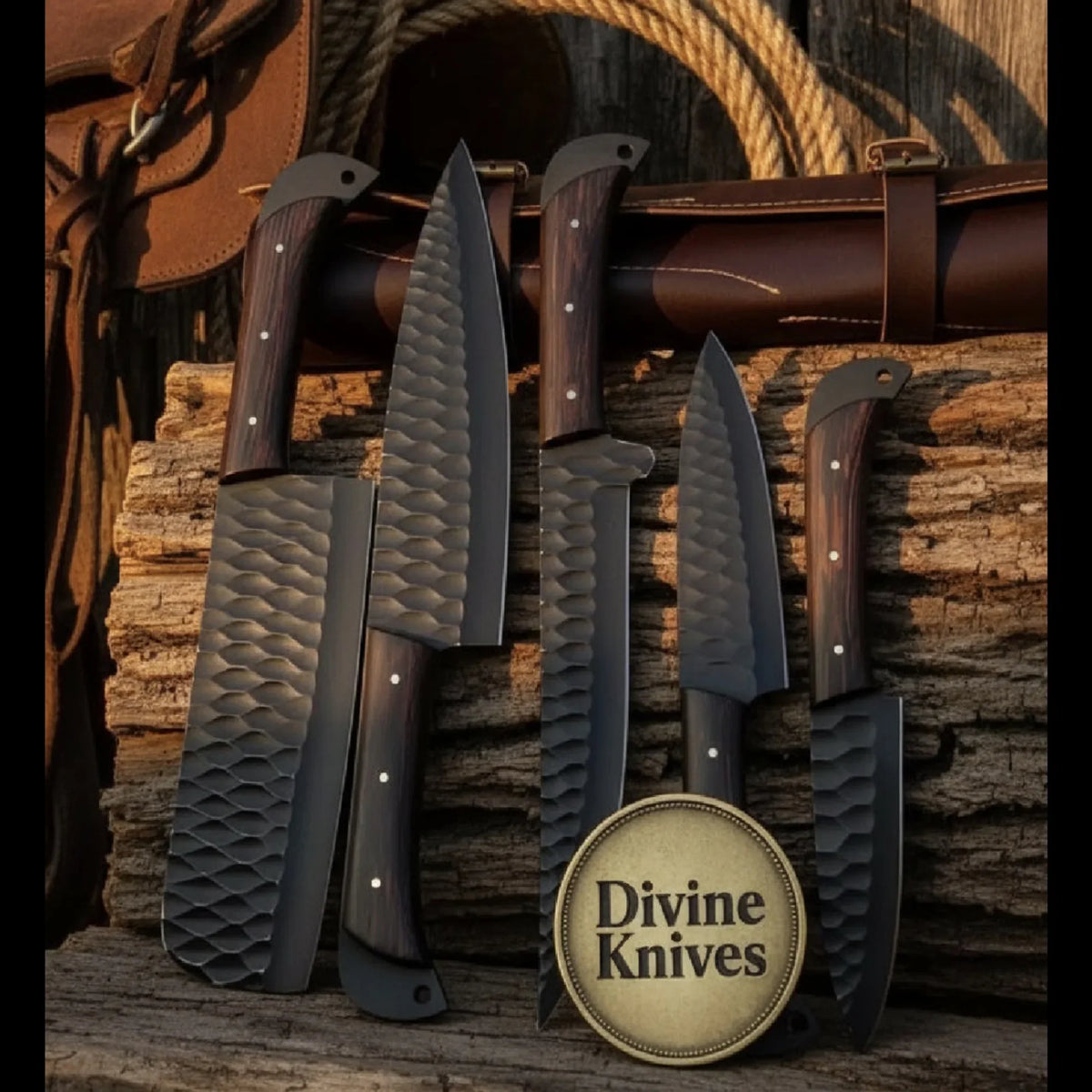 5-Piece Hammered Black Knife Set with Wood Handles and Leather Roll Case