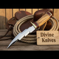 Olive Wood Damascus Knife Accented with Red and Brass Rings
