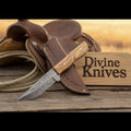 Natural Olive Wood Damascus Knife with Included Leather Sheath