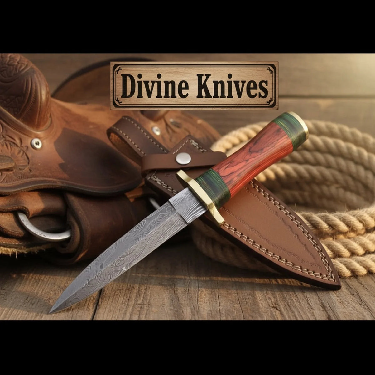 Minimalist Dark Wood Damascus Knife with a Single Green Ring Detail