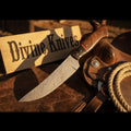 Brown Wood Damascus Knife Accented with a Bold Red Band