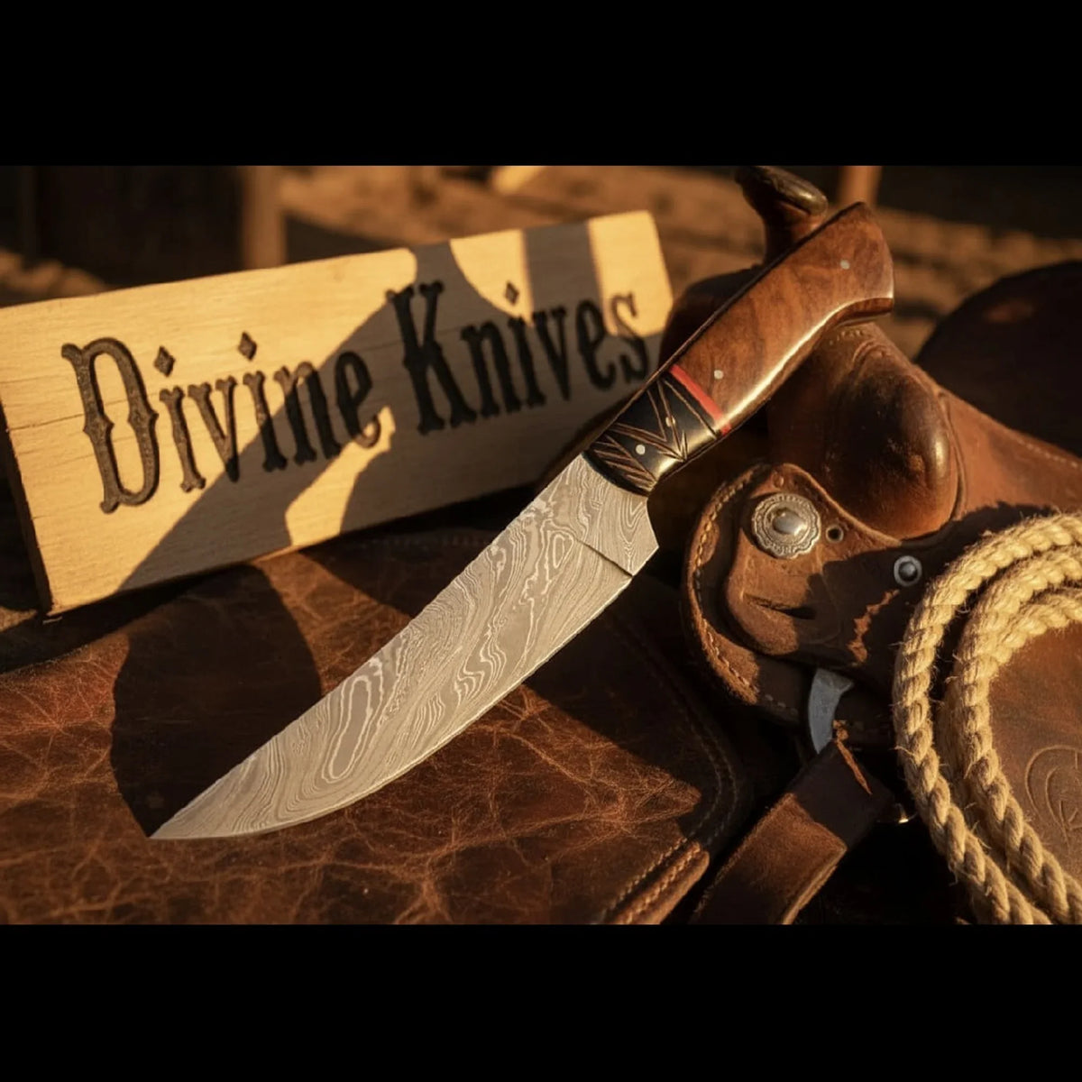 Brown Wood Damascus Knife Accented with a Bold Red Band