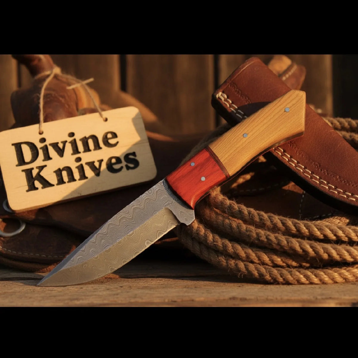 Tan and Red Wood Two-Tone Damascus Fixed Blade Knife for Camp Use