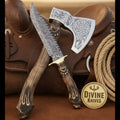 Wolf Head Damascus Bowie Knife with Matching Celtic Tomahawk Axe