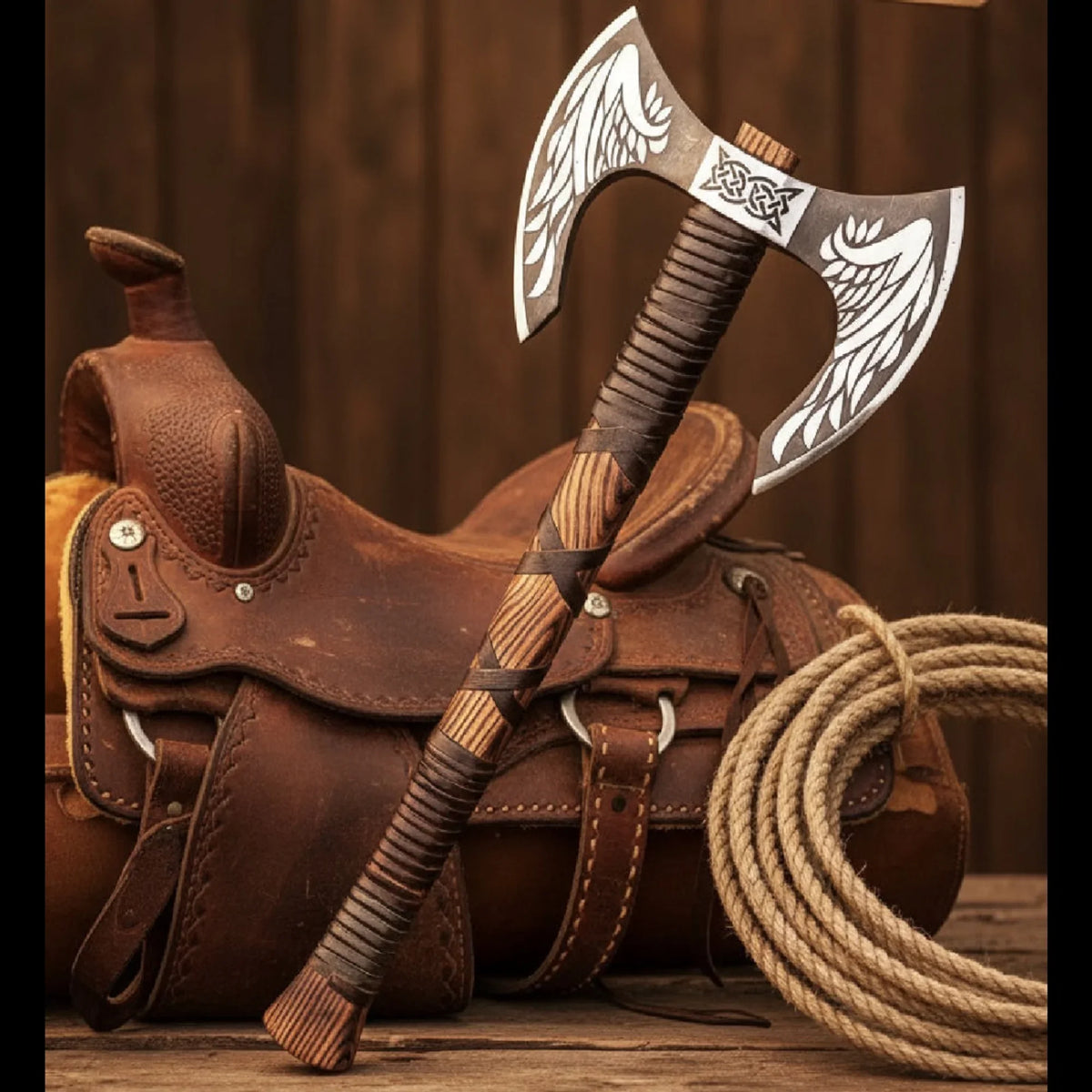 Engraved Viking Wing Axe with Leather-Wrapped Handle