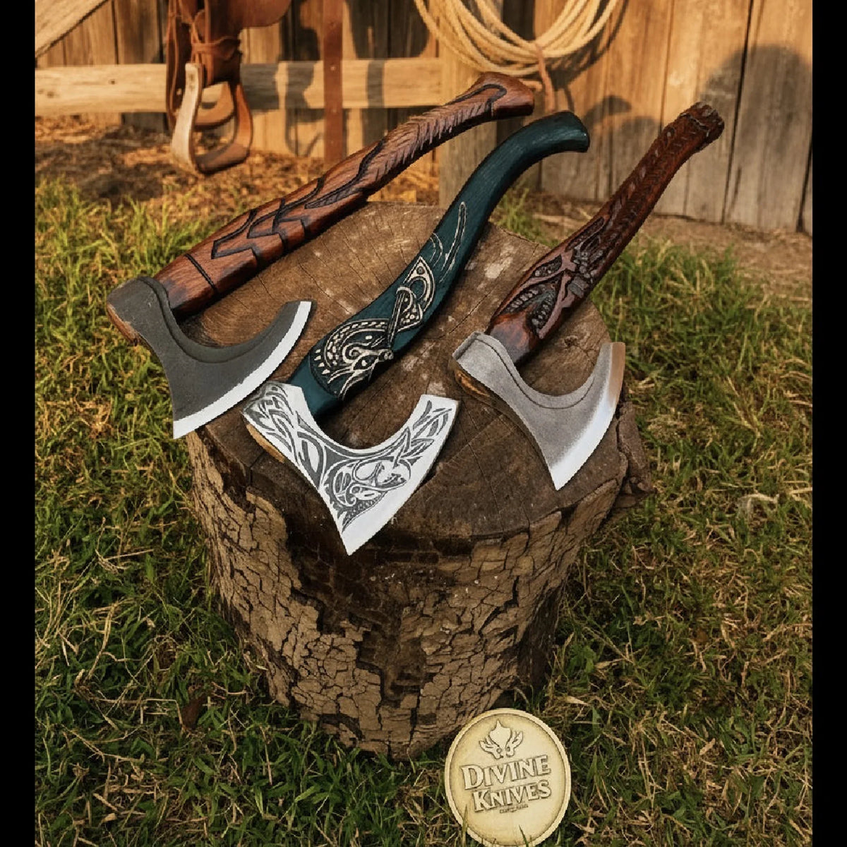 Hand Forged Bearded Axe Set with Carved Wood Handles (Set of 3)