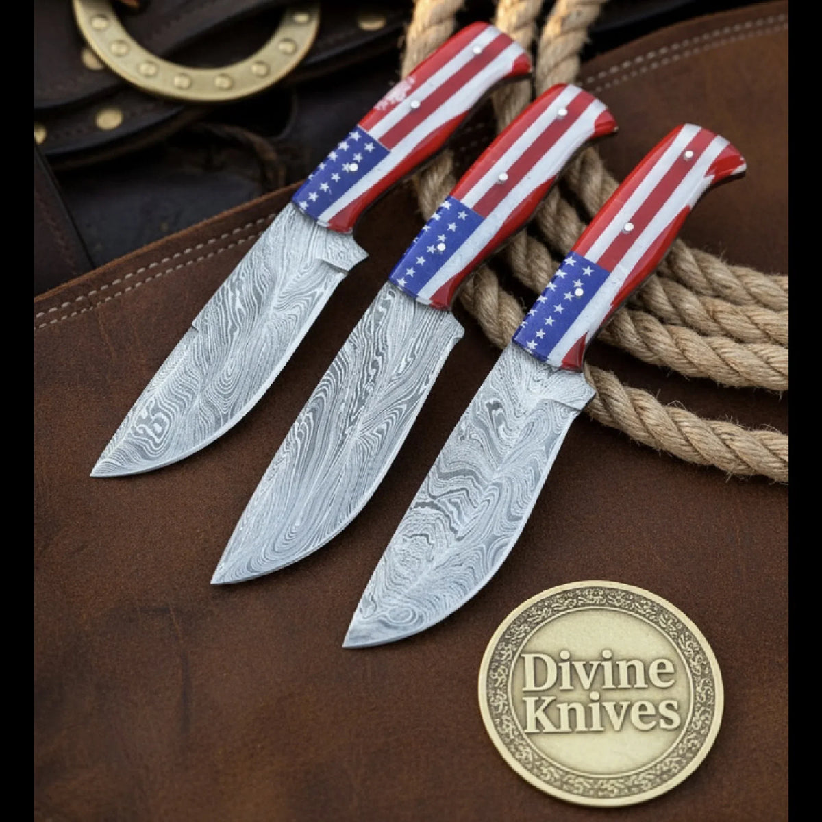 Damascus Skinner Knife Set with American Flag Handles (Set of 3)