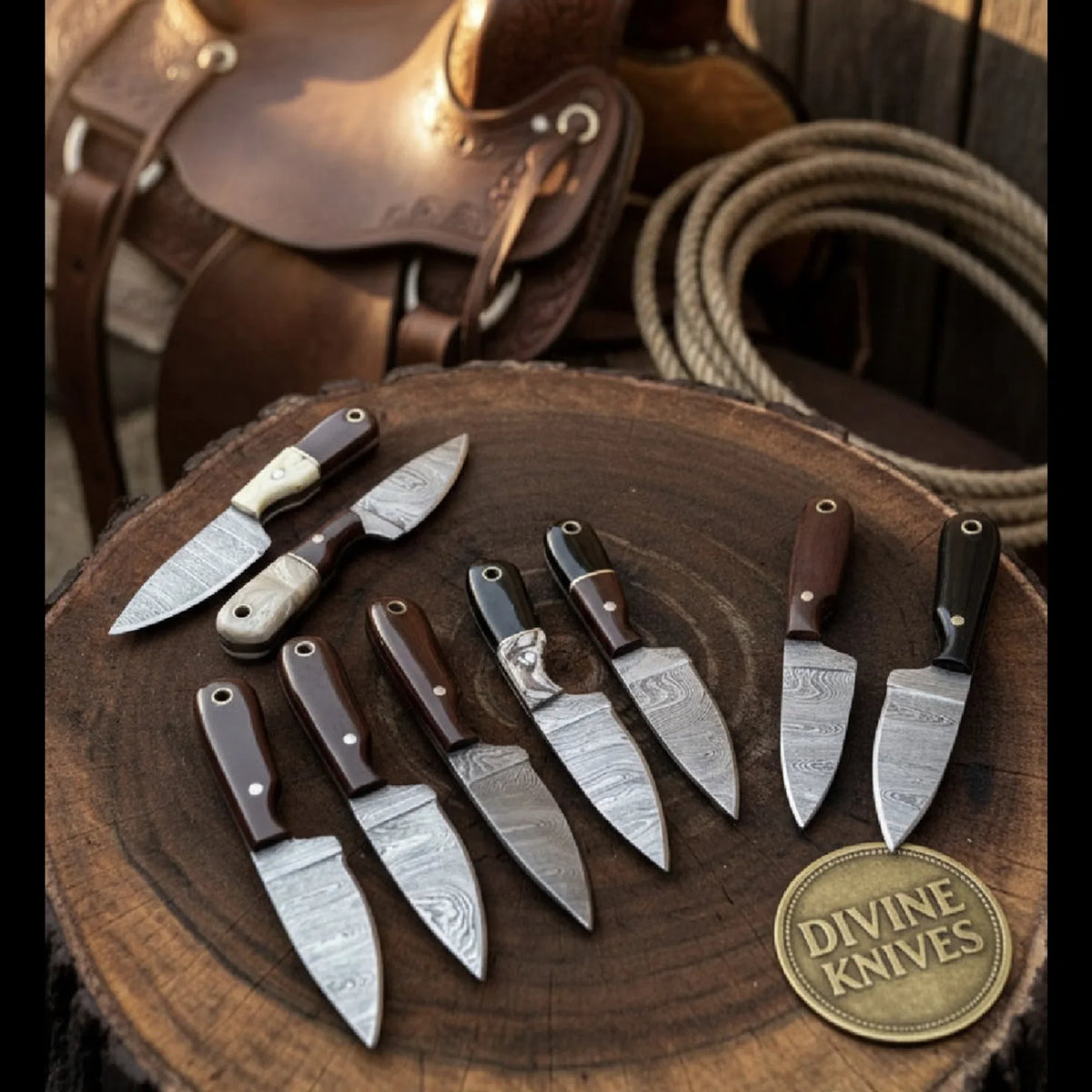 Bulk Damascus Skinner Knife Collection – 10 Assorted Handles