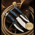 Blue Swirl Resin Damascus Hunting Knife Trio with Saw-Back Blade
