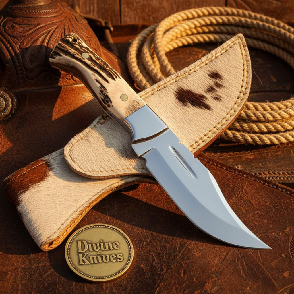 Mirror Polish Gut Hook Skinner Knife with Stag Handle and Brass Pins