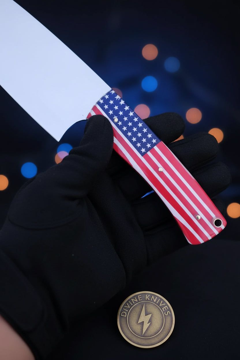 American Flag Handle Chef Knife with Wide Cutting Blade for Patriotic Kitchens