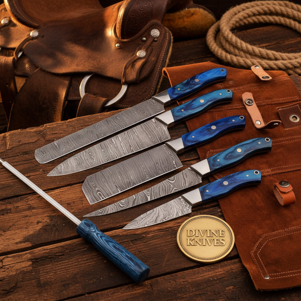 6-Piece Blue Handle Chef Knife Set with Sharpening Rod