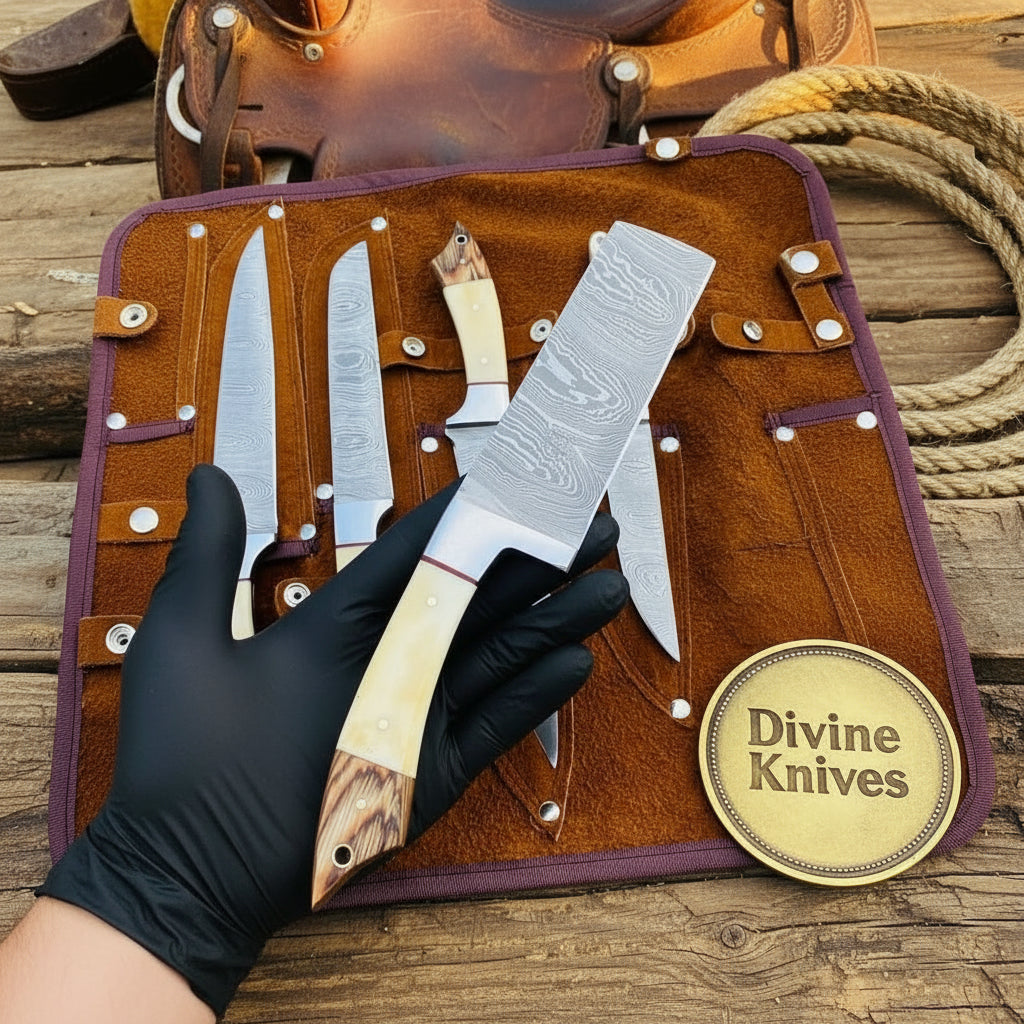 Bone Handle Caping Knife Set with Tooled Leather Roll Case