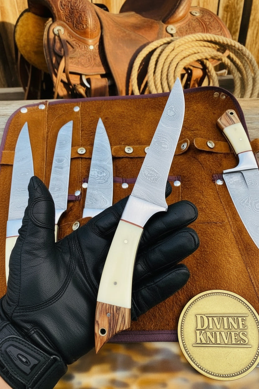Bone Handle Caping Knife Set with Tooled Leather Roll Case