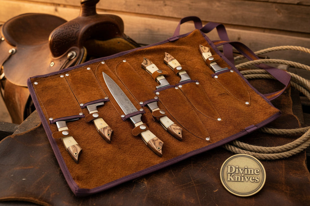 Bone Handle Caping Knife Set with Tooled Leather Roll Case